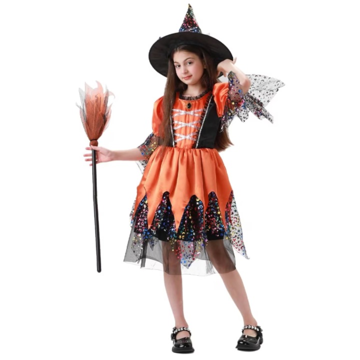 Halloween jelmez gyerekeknek, Boszorkány modell, 3 darabos szett - Ruha, Kalap és Seprű, lány cosplay öltözék, buli, álarcosbál, 130-as méret, Fekete / Narancs