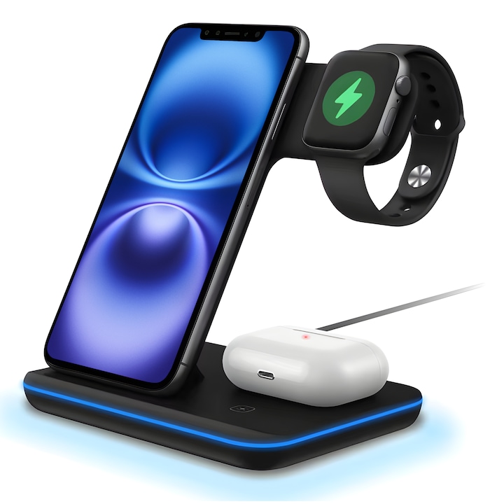 Incarcator Wireless AIM TO POWER 3 in 1, Statie Incarcare Rapida 15W, Compatibil cu Apple Watch (toate seriile), AirPods, iPhone, Android, Samsung, Huawei, Xiaomi, Negru
