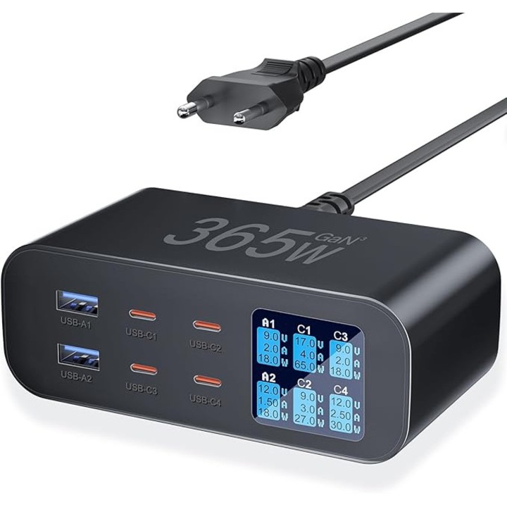 365W GaN зарядно за стена, с LED дисплей, 6-портова зарядна станция, 4 USB-C 100W порта, 2 USB-A порта, бързо зареждане, за MacBook Air/Pro, лаптоп, iPhone, iPad, Samsung, AirPods Pro, Apple Watch