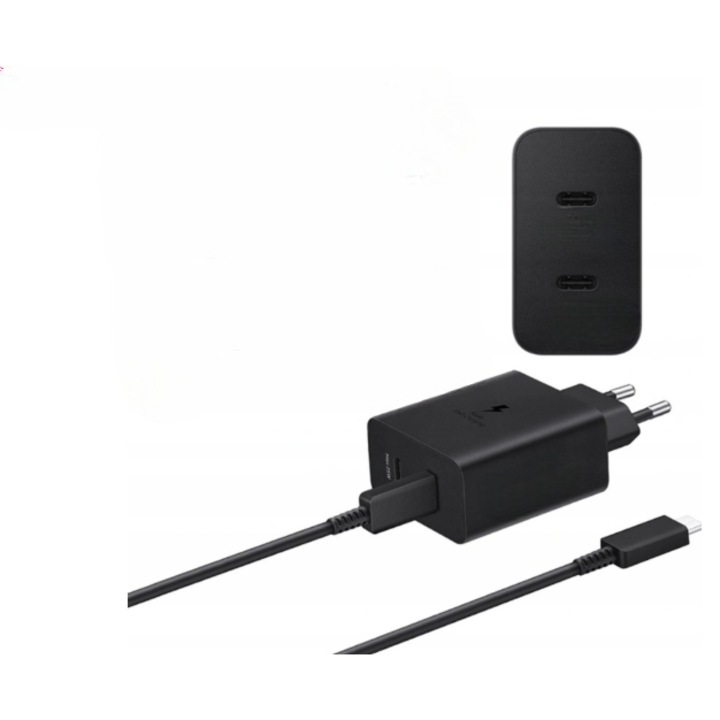 Kit incarcator retea compatibil cu Samsung galaxy s25ultra, Super Fast Charger Adapter Duo 50W, 2 x USB Type-C, cablu Type-C - Type-C (5A) 1, 8m inclus