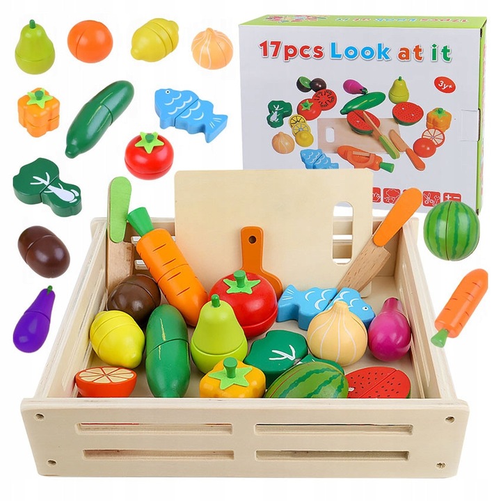 Set fructe si legume magnetice din lemn, click4TOYS, cu cutit si tocator, 28x24x6cm