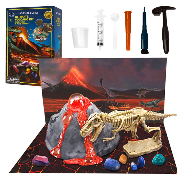 Set experimental 2 in 1, experimentul eruptiei vulcanice, dinozaur de asamblat