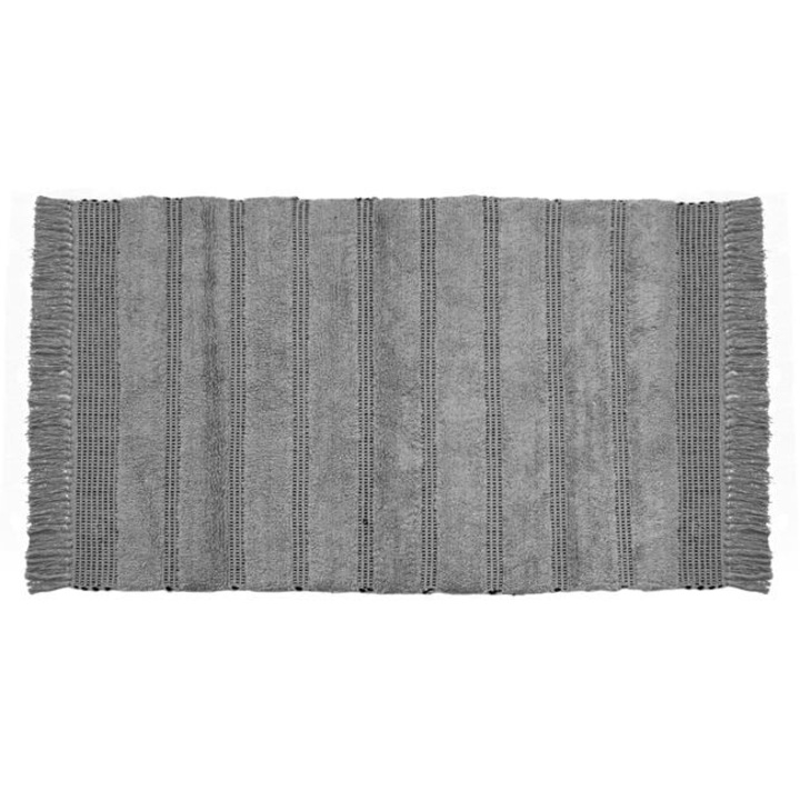 Covoras decorativ pentru iarna, din bumbac, model cu dungi late si franjuri, 130x90 cm, gri/negru