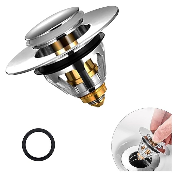 Ventil Universal pentru Chiuveta, Dop Pop-Up din Inox cu Sita Anti-Infundare, Compatibil 34–38 mm, Instalare Rapida, 2-in-1 Filtru si Dop