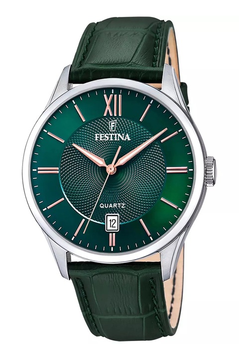 Festina, Часовник с кожена каишка и кварц, Тъмнозелен