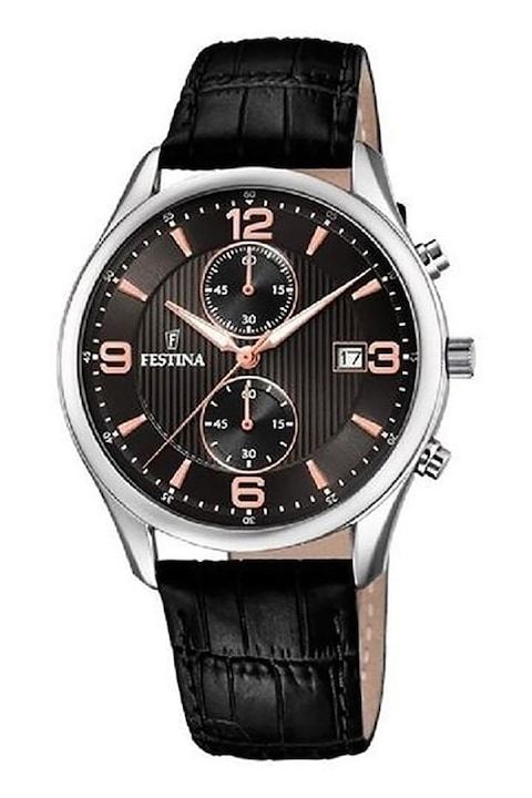 Festina, Часовник с хронограф и кожена каишка, Черен