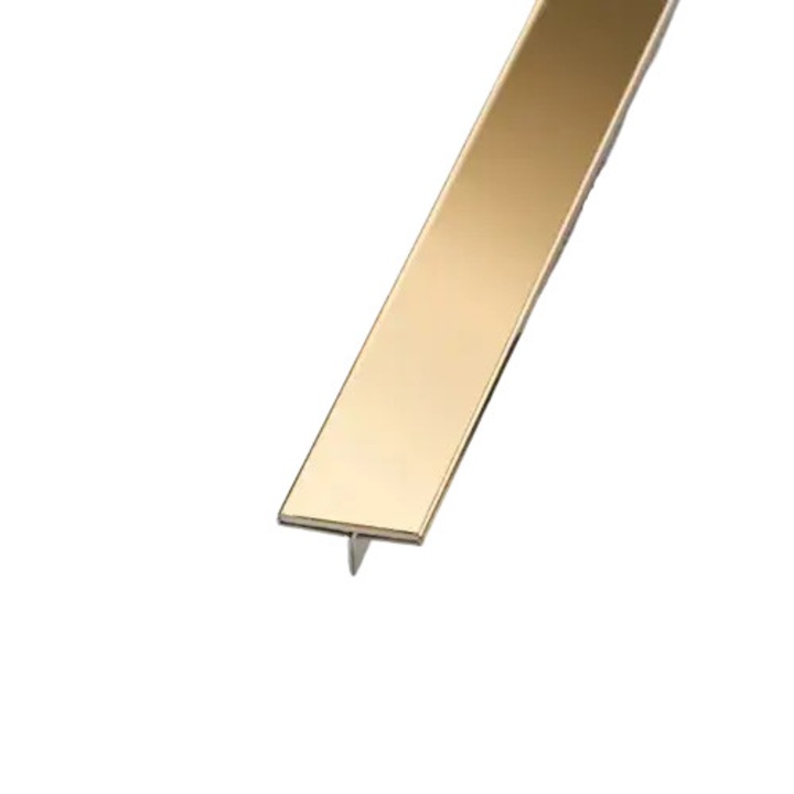Profil trecere T, 25 mm auriu lucios, lungime 2, 70 m, din otel inox 304, imbinare gresie, parchet, prag trecere