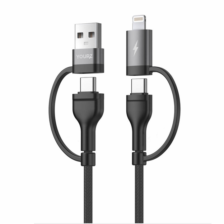 Кабел Type C 4 in1, към Type-C, iPhone, USB към Type-C, USB към iPhone, YOURZ M33, Черен