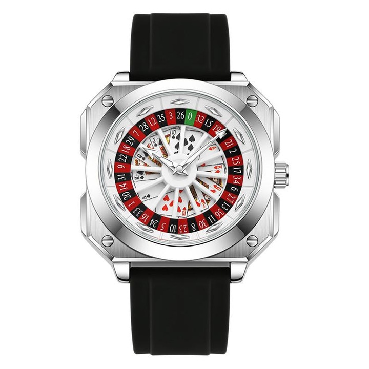 Ceas de lux Casino, model cu ruleta si poker, design unicat, curea cauciuc, mecanism quartz, argintiu si negru