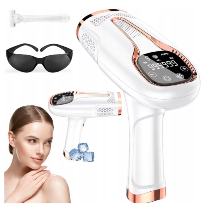 Clavi IPL епилатор, Ultimate, ICE Cool функция с охлаждане, трайно обезкосмяване, подмладяване на кожата, намаляване на акнето, 9 нива на интензивност, 999 999 импулса, кожен сензор, бял