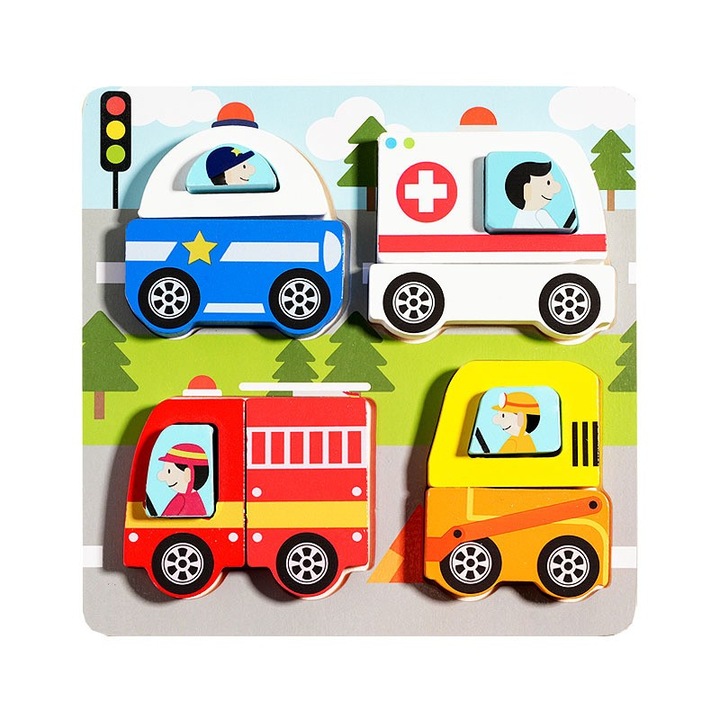 Jucarie Montessori, Cyrax, Tip Puzzle 3D, din Lemn, +36 Luni, Model Masini, 18 x 18 x 1.5 cm, Multicolor