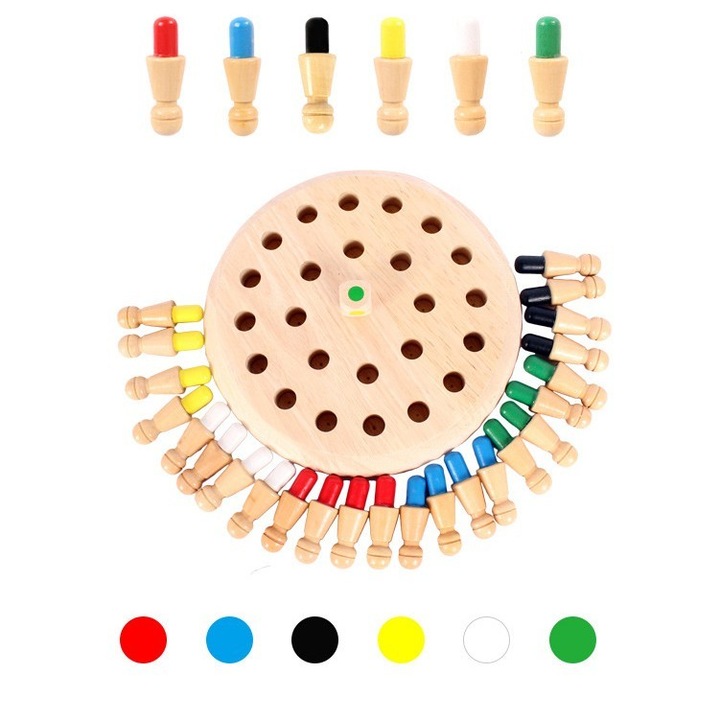 Joc de Memorie pentru Toata Familia, din Lemn, Diametru Tabla de Joc 16 cm, Interactiva, +4 Ani, 6 Culori, Multicolor, Damur