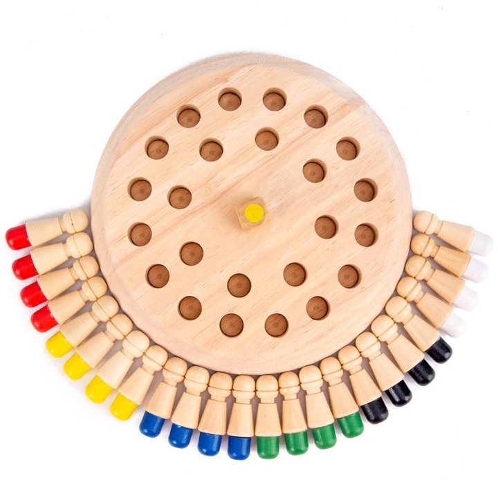 Joc de Memorie pentru Toata Familia, din Lemn, Diametru Tabla de Joc 17 cm, Interactiva, +4 Ani, 6 Culori, Multicolor, Damur