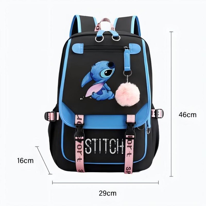 Set ghiozdan pentru fete, penar si creioane colorate cu 12 culori, cu port USB, Albastru/Negru, Rezistent, capacitate mare