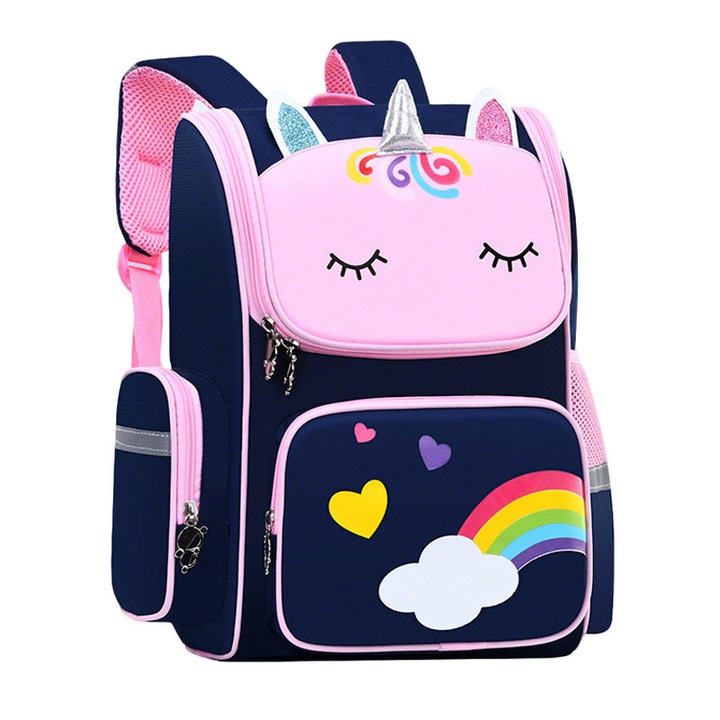 Детска раница, модел еднорог, 2 странични джоба, розово/синьо, 37x24x12см