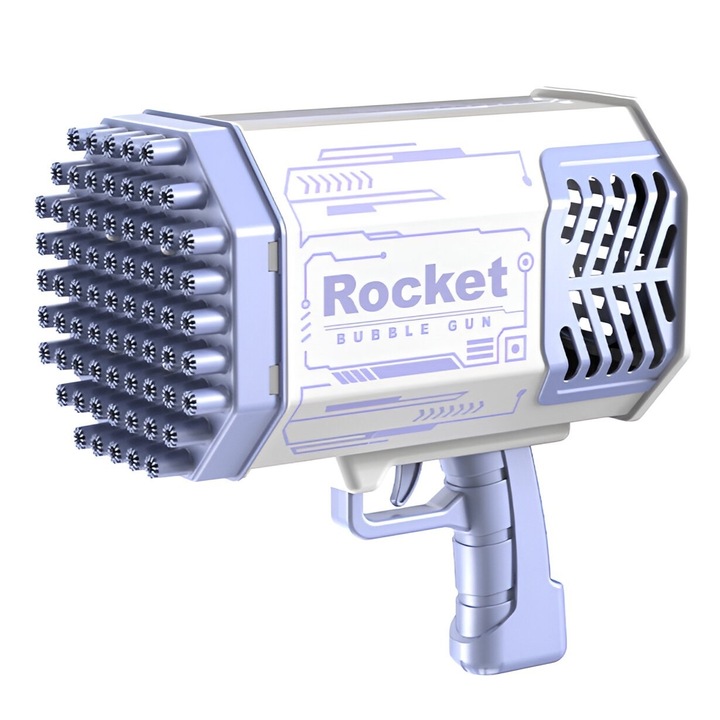 Szappanbuborék pisztoly, 69 lyuk, színes fények, tálca, folyadék, lítium akkumulátor, töltőkábel, 24 cm x 14 cm x 24 cm, lila
