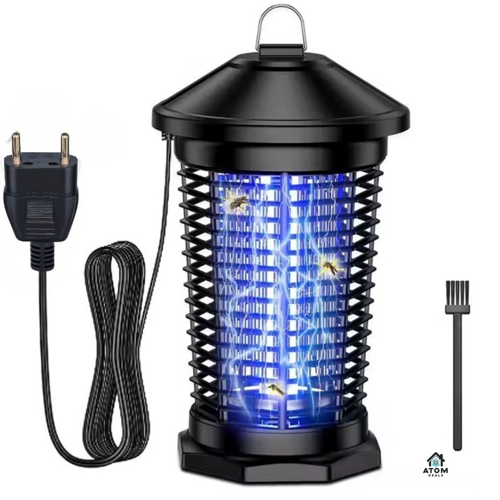 ATOM Deals® szúnyogirtó lámpa fényérzékelővel, moly-, rovar-, 4000 V-os áramütés, IPX4 védelem, kül- és beltéri, 18 W-os UV izzó, 100 négyzetméteres lefedettség, 360 fokos szög, kivehető tálca, akasztókampó, fekete