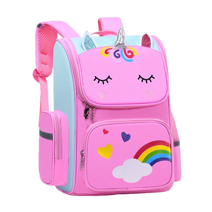 Детска раница, модел еднорог, розова, 37x24x12см, с множество джобове, за момичета 5-8 години