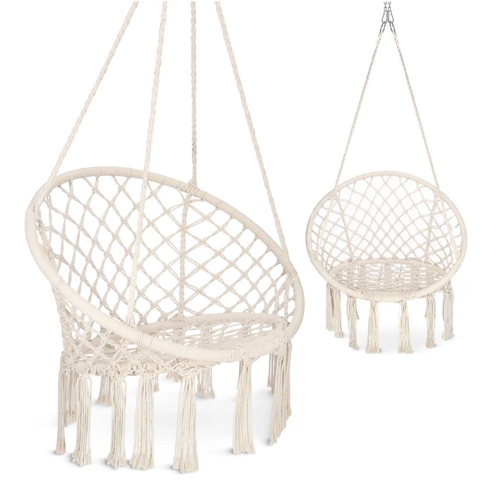Leagan suspendat BOHO, 4FIZJO, pentru gradina, fotoliu decorativ cu franjuri si design rustic, din bumbac si poliester, ideal pentru terasa, balcon sau interior, dimensiuni 80×60×125 cm, sustinere pana la 125 kg, bej