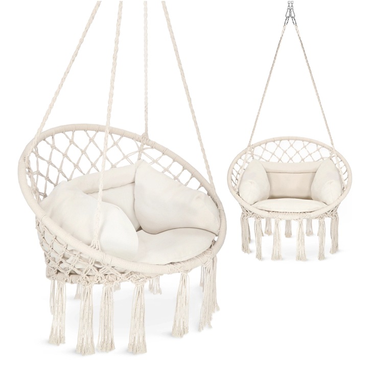 Leagan suspendat de gradina BOHO, 4FIZJO, fotoliu decorativ cu franjuri, cu perna inclusa, din bumbac si poliester, stil rustic, ideal pentru terasa, balcon, veranda sau interior, confortabil si elegant, dimensiuni 80×60×125 cm, bej
