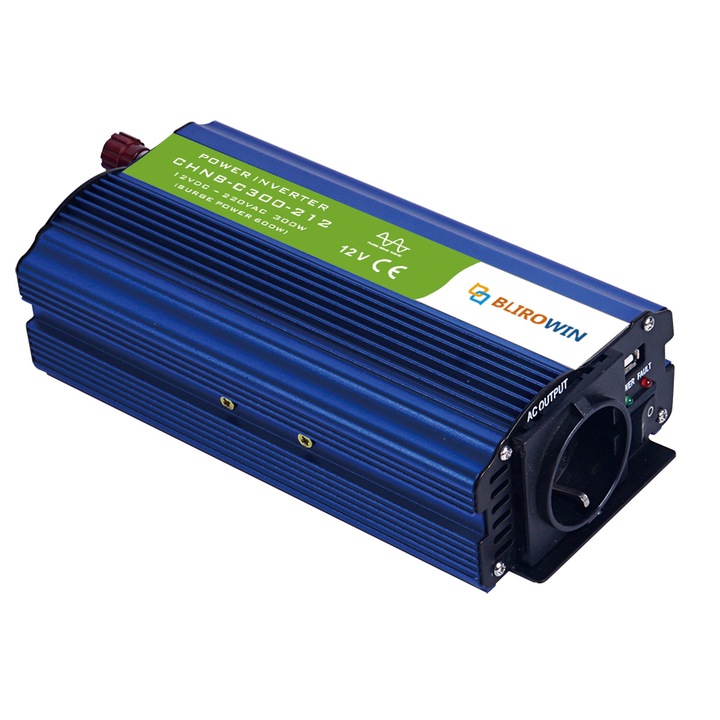 Invertor Auto 12V 220V, BLIROWIN®, putere convertor 300W cu unda sinusoidala pura, putere de supratensiune 600 W, eficienta 85%