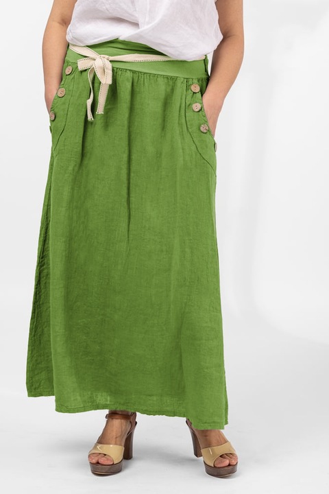 Fusta lunga casual verde oliv, din in, cu nasturi de lemn la buzunare, Verde, One Size