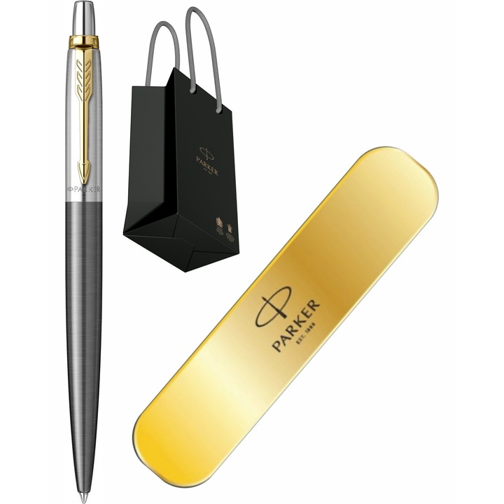 Pix Parker Jotter Royal Core Grey GT cu gravura laser inclusa, in penar metalic si punga Parker
