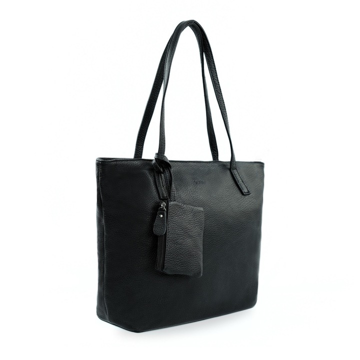 Solier FL34 Rillia valódi bőr női bevásárlótáska, fekete, nagy, kivehető pénztárcával, A4-es válltáska, ideális irodai, iskolai és mindennapi használatra