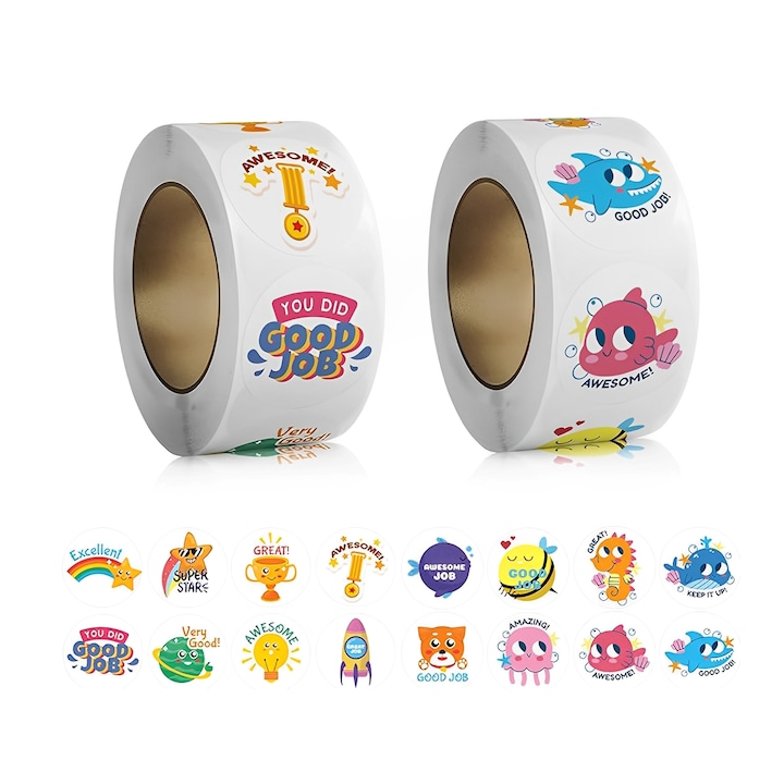 Set 500 Stickere pentru Copii, TREXORA, Animale, 16 Modele, 2.5x2.5 cm, Multicolor