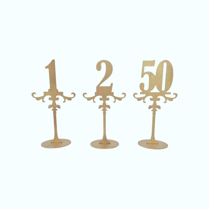 Set numere decorative masa, lemn, 1-50, botez sau nunta, auriu, 25cm