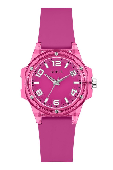 GUESS, Ceas cu o curea de silicon si catarama, Argintiu, Fucsia