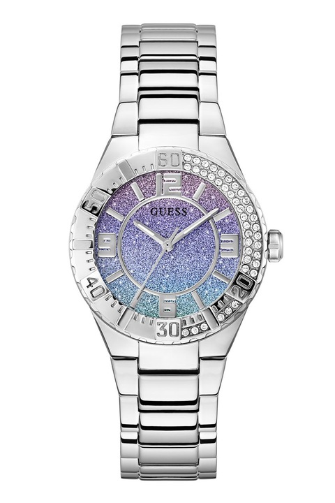 GUESS, Часовник от неръждаема стомана с циркони, Сребрист