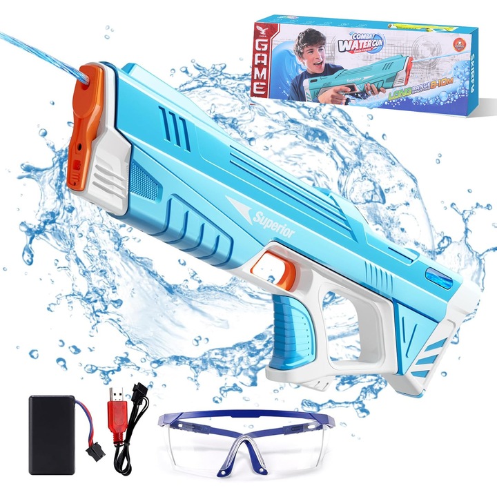 Електрически пистолет за вода Bedee, син, 10 м, комплект с очила, 4,5x42,7x14,7 см