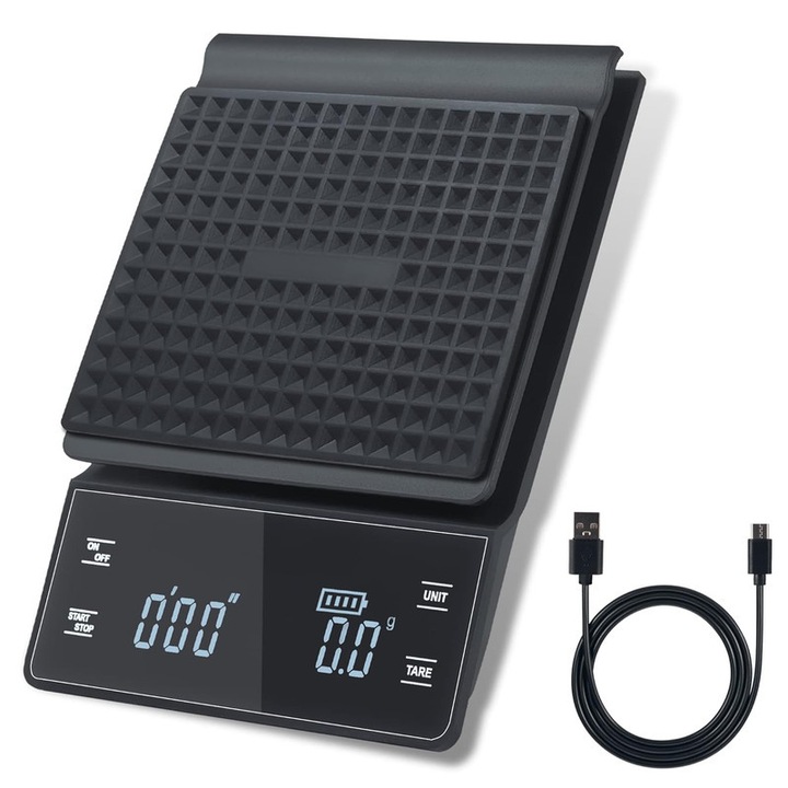 Cantar bucatarie digital, cu cronometru 3 kg / 0,1 g, afisaj LCD iluminat, multifunctional, pentru barista, bucatarie si alimente, Negru