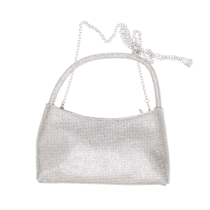 Дамска чанта, изработена от синтетичен материал, ButicCochet, 24x12x6 см, с кристали, сребро - GND842