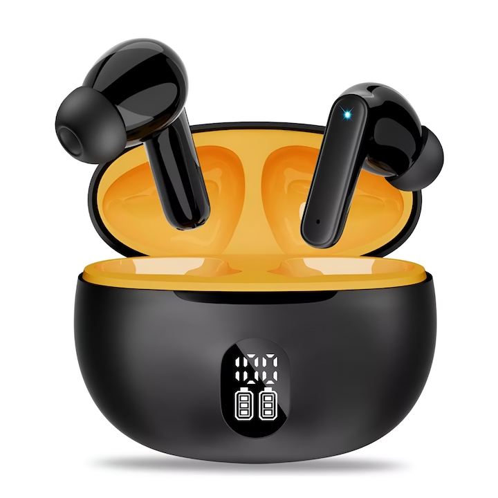 Casti Bluetooth in-ear, Brivoo ®, model HiFi stereosound, autonomie 36h, 4 microfoane, IP7 waterproof, control touch, incarcare USB-C, compatibilitate iOS Android, negru