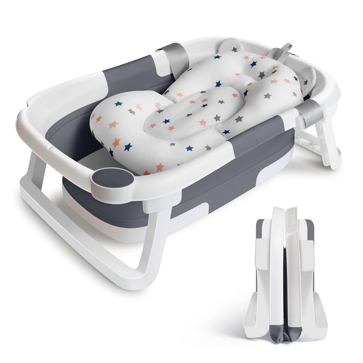 Cada de baie pliabila, Brivoo®, sigura si confortabila, materiale non-toxice, design ergonomic, senzor temperatura apa, 0-12 luni si peste 12 luni, alb cu accente de gri