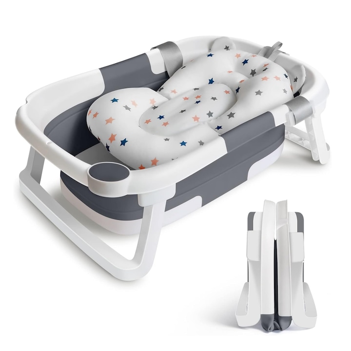 Cada de baie pliabila, Brivoo®, sigura si confortabila, materiale non-toxice, design ergonomic, senzor temperatura apa, 0-12 luni si peste 12 luni, alb cu accente de gri