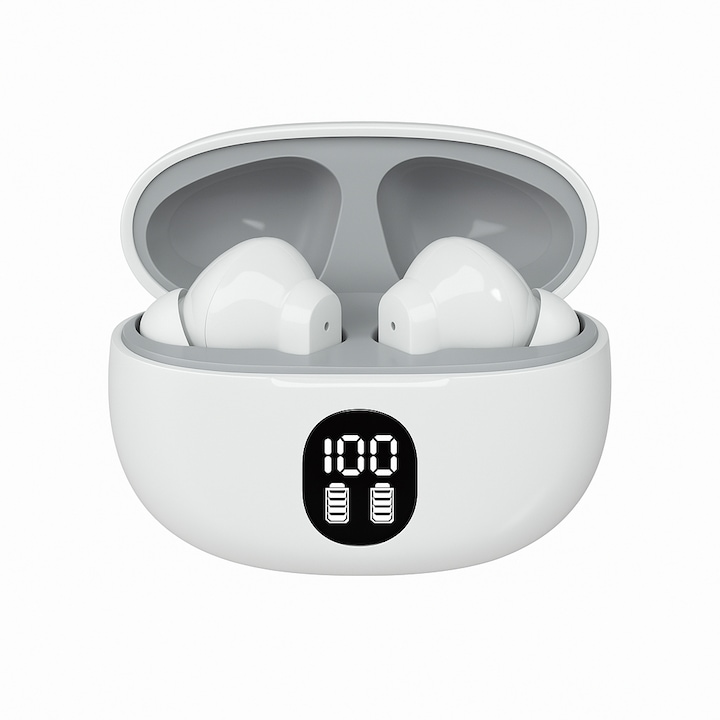 Casti Bluetooth in-ear, Brivoo®, model HiFi stereosound, autonomie 36h, 4 microfoane, IP7 waterproof, control touch, incarcare USB-C, compatibilitate iOS Android, albe