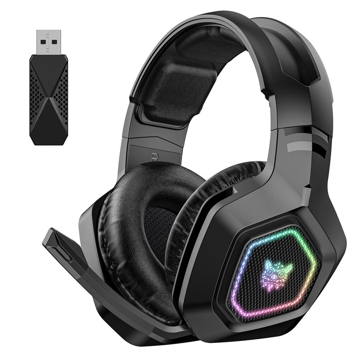 Vezeték nélküli gamer fejhallgató, DomestiQ, Onikuma B100 Black Edition modell – 7.1-es térhatású hangzás, beépített mikrofon, RGB, vezeték nélküli USB, PC-vel / PS4-gyel / PS5-tel kompatibilis