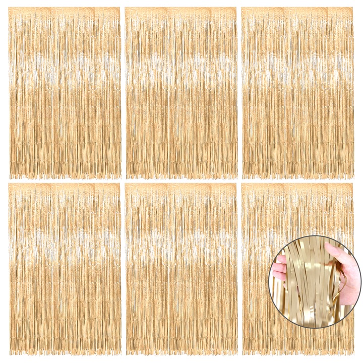 Set 6 bucati perdea decorativa, Perdele cu ciucuri stralucitoare, perde din sarma metalica, Perdele cu ciucuri din folie metalica, pentru petreceri aniversare, decorarea vacanta, fundal foto, Champagne Gold