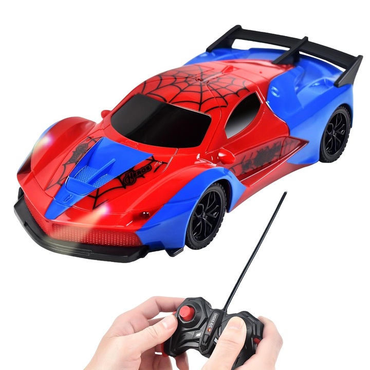 Masina cu telecomanda tip paianjen Avengers, negru cu elemente rosii, 19.8x4.3cm, set cu telecomanda, pentru copii de 3 ani
