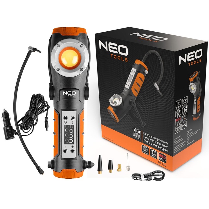 4 в 1 COB LED лампа, компресор 10 BAR, червена, 2000 mAh, пълен комплект