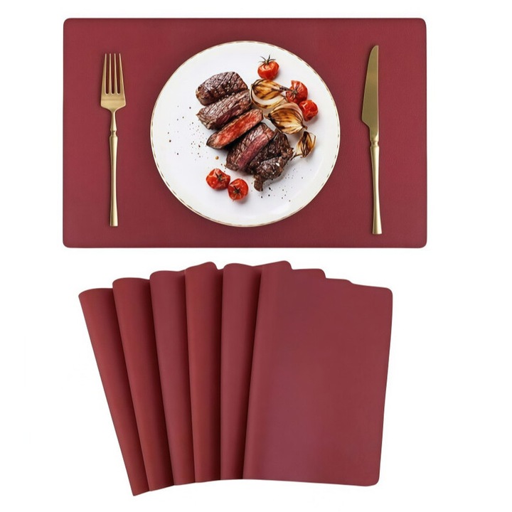 Set 4 covorase de masa PVC, impermeabile, anti-alunecare, 45x30cm, rosu vin