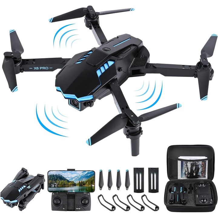 Дрон Bedee X6 PRO, комплект с 2 1080P камери, 2 батерии, режим HeadLess, режим задържане на височина, черен, 25x23x4.5 см