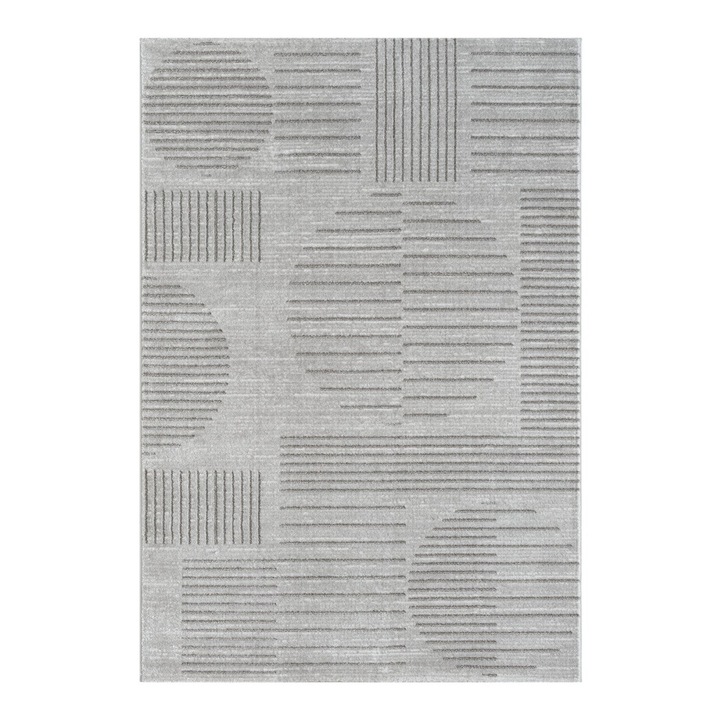 Covor gri cu model liniar, Claude, 80x150 cm, poliester, baza din iuta