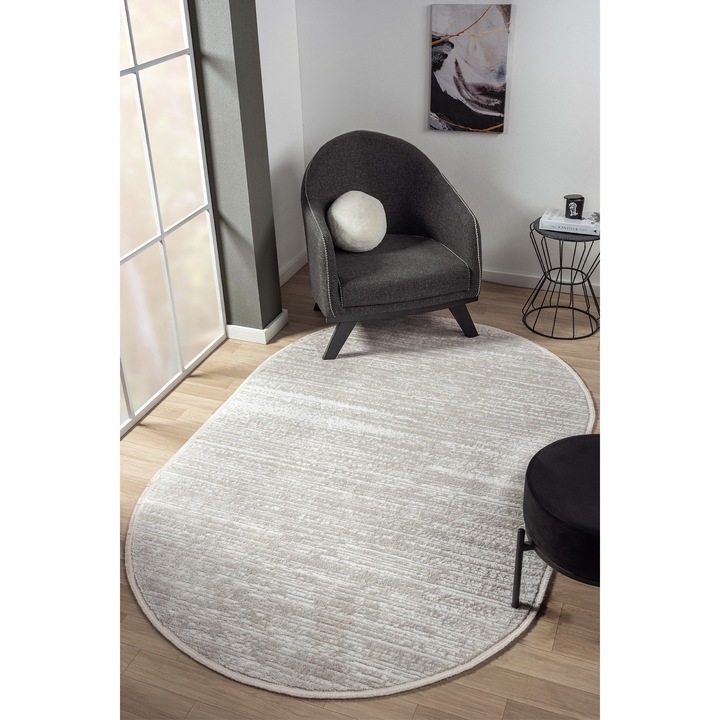 Covor oval bej, Jasmine, 100x150 cm, poliester, baza din bumbac si iuta