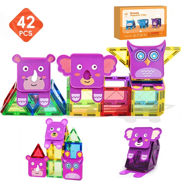 Конструктор с магнитни плочки и животни, Novotoys, 42 части, 6,5 см, магнитни плочки 3D, креативна и образователна STEM играчка, многоцветен, 3 години +
