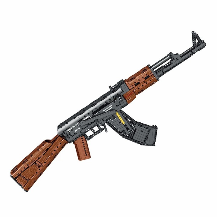 Пистолет играчка AK-47, тип LEGO за сглобяване, 1366 части, пушка 1:1 с реална версия, 83,5 x 6,5 x 25,5 см, кафяво-сива, функционална система за изстрелване, ABS куршуми, реалистични детайли, първокласни материали, за деца 6+ и възрастни, STEM, Монтесори