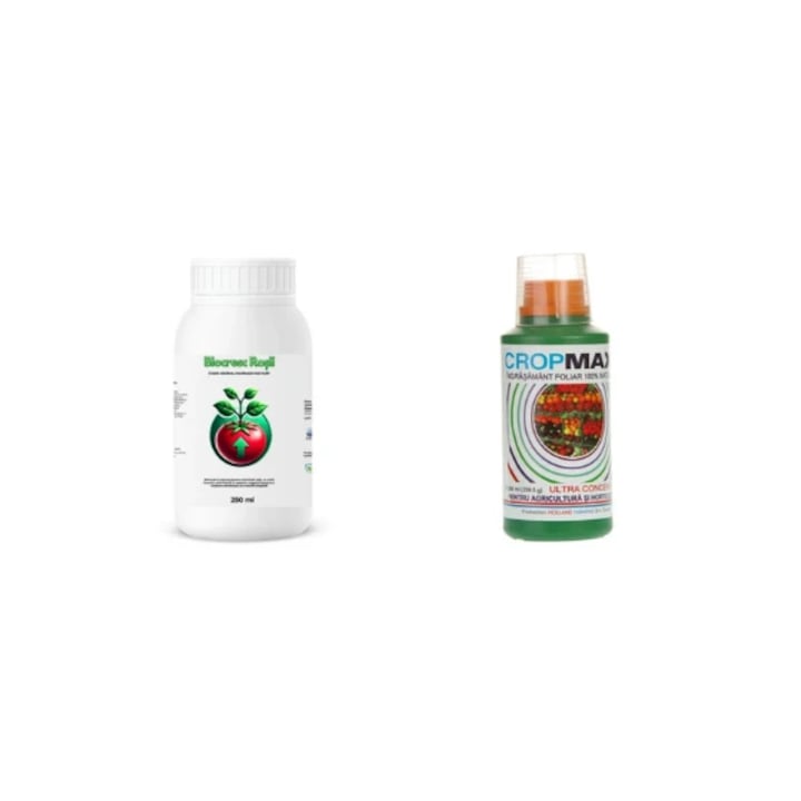 Pachet tratament si nutritie tomate/rosii, Stimulator de legare si rodire, Biocresc Rosii, 250 ml + Fertilizant foliar natural, universal Cropmax, 250 ml
